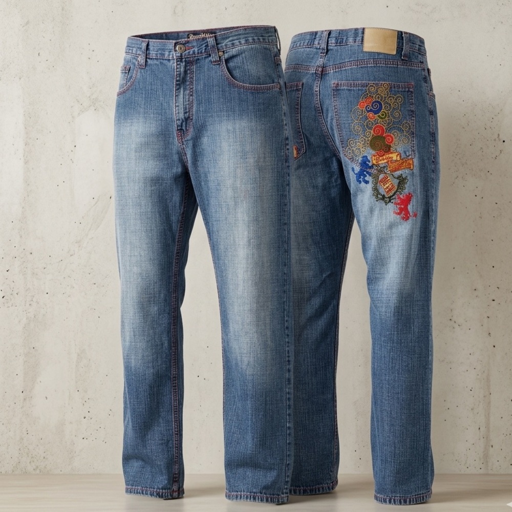 Brooklyn Unlimited Co Jeans Mens 36x32 Blue Embroidered Baggy Y2K Hip Hop Cyber